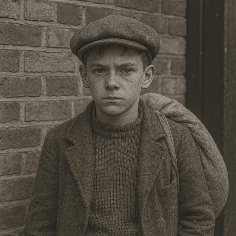 A young boy with a serious expression wearing a flat cap and a woolen coat, standing against a brick wall, carrying a bag over his shoulder.