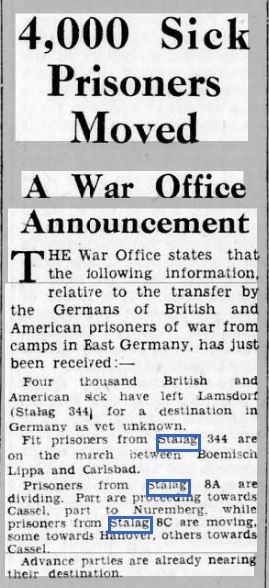 A black and white newspaper clipping detailing the War Office announcement regarding the movement of 4,000 sick prisoners from camps in East Germany during World War II.