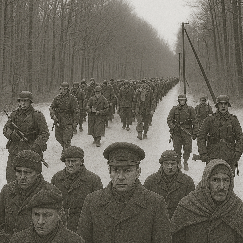 A group of soldiers marching in a line through a barren landscape, surrounded by trees, under a cloudy sky.