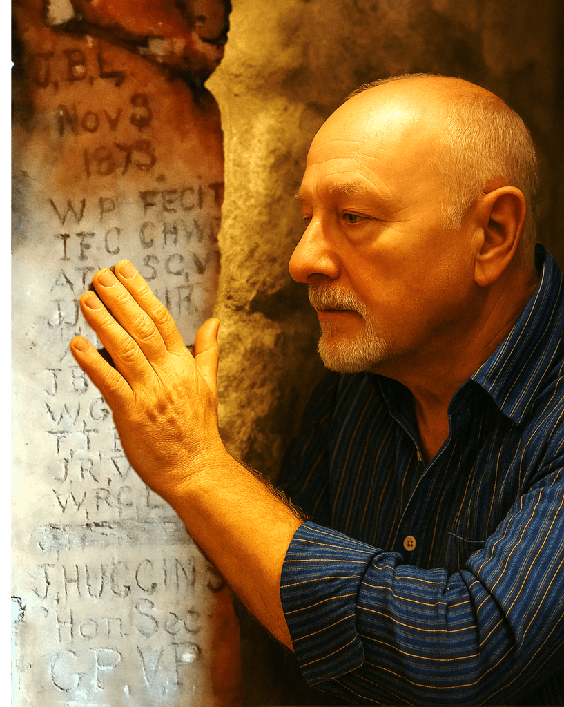 A man with gray hair and a blue striped shirt is closely examining cryptic inscriptions carved into a stone wall.