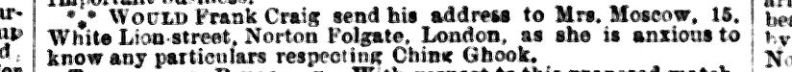 A newspaper advert seeking information about Hezekiah Moscow, also known as Ching Ghook, posted by his wife Mary Ann in hopes of locating him.