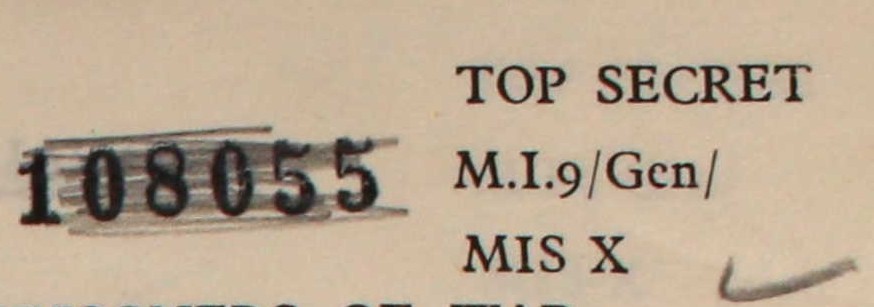 A close-up view of a document labeled 'TOP SECRET,' featuring the numbers 108055 and references to M.I.9/Gen and MIS X.