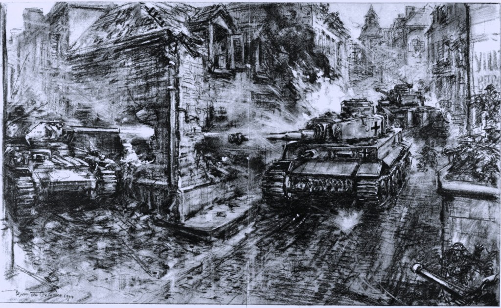A charcoal drawing depicting tanks navigating through a war-torn street, with buildings showing signs of destruction.