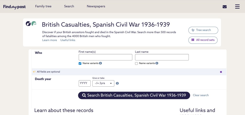 A webpage for Findmypast titled 'British Casualties, Spanish Civil War 1936-1939' featuring a search form for entering first and last names of individuals, with an option to include name variants and a field to specify death year. The page includes buttons for tree search and accessing all record sets.