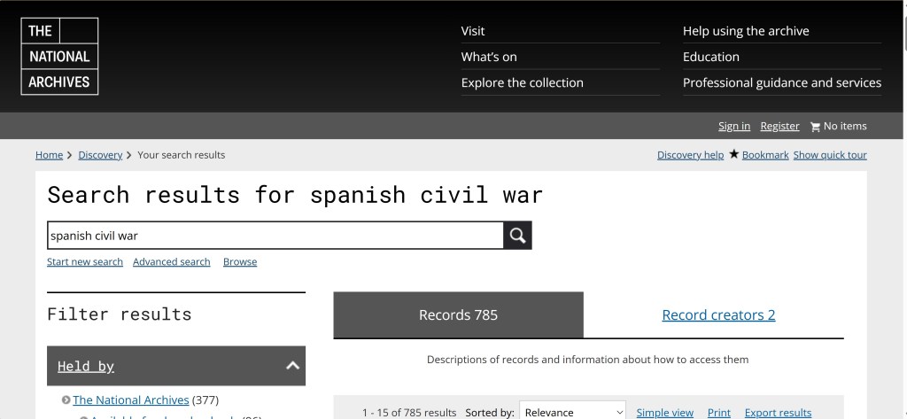 Search results page for 'Spanish Civil War' on The National Archives website, displaying a total of 785 records with options to filter and view results.
