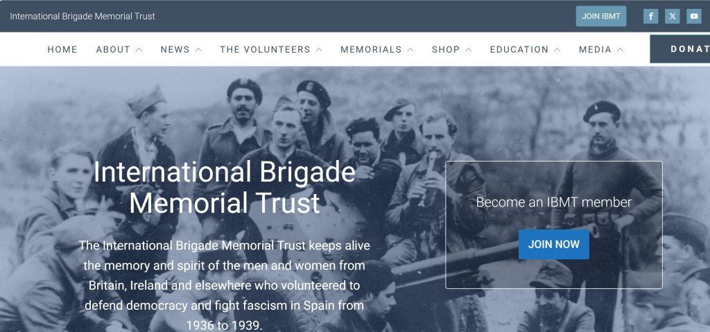 Website header of the International Brigade Memorial Trust featuring a group of historical volunteers from the Spanish Civil War.