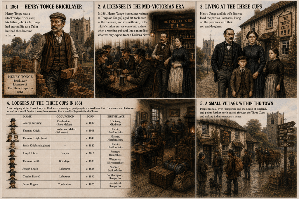 Illustration depicting Henry Tonge, a bricklayer, with historical details about The Three Cups Inn and its significance in the mid-Victorian era.
