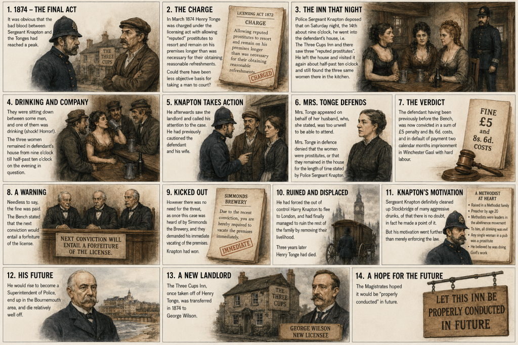 A historical illustration depicting a series of events in 1874 surrounding a police investigation into the Three Cups Inn, highlighting characters such as Sergeant Knapton and Mrs. Tonge.