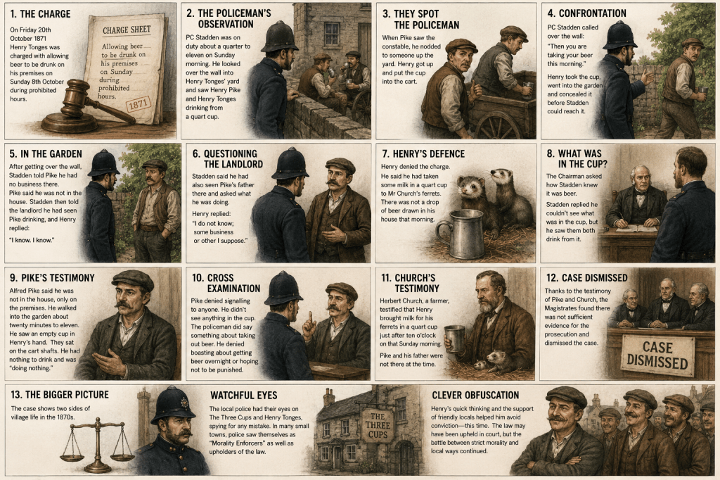 Illustration depicting a series of vignettes related to a historical legal case involving Henry Tongues, charged with serving alcohol on prohibited days. Each panel represents a different moment in the case, including testimonies from witnesses, confrontations, and the eventual dismissal of the case.