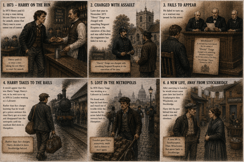 A historical collage depicting the life events of Harry Tonge, detailing his struggles with the law and his journey from Stockbridge to London.