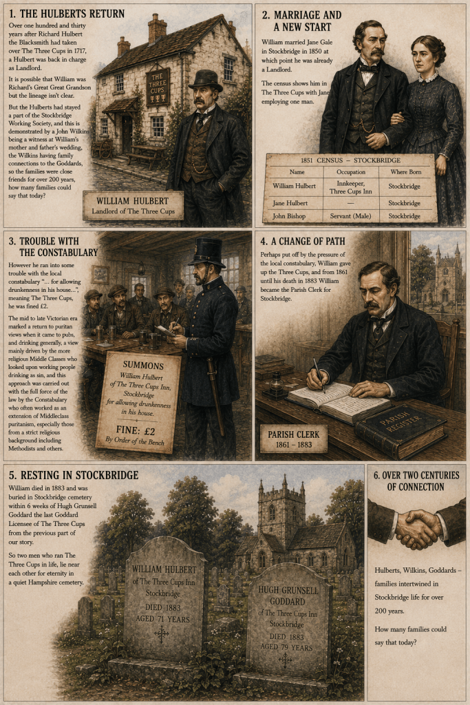 Historical illustration depicting the life of William Hulbert, landlord of The Three Cups Inn in Stockbridge, England.