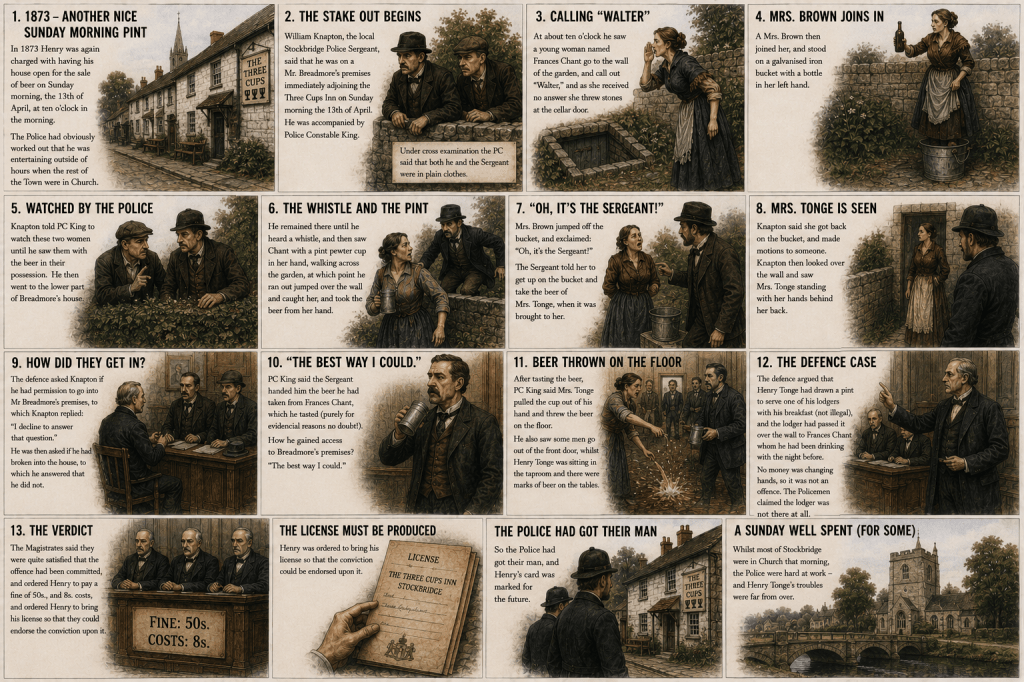 A historical illustration depicting a series of events related to a court case in Stockbridge concerning Henry, who is accused of illegal beer selling.