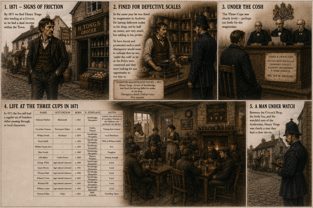 Detailed illustration depicting a historical scene from 1871, featuring various characters in front of 'The Three Cups' Inn and a grocery shop, along with text excerpts discussing events related to Henry Tongs and local magistrate activities.