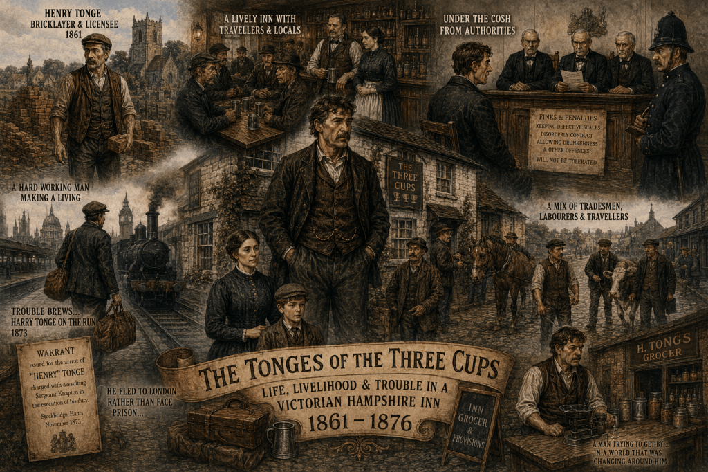 An illustrated historical scene depicting Henry Tonge, a bricklayer and licensee of a Victorian Hampshire inn, along with various characters such as travelers and locals interacting in different settings related to life in the 1800s.