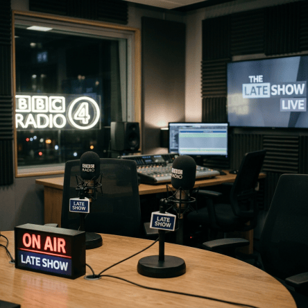 Two presenters at BBC Radio microphones; signs read “BBC RADIO,” “THE LATE SHOW LIVE,” and “ON AIR LATE SHOW.”