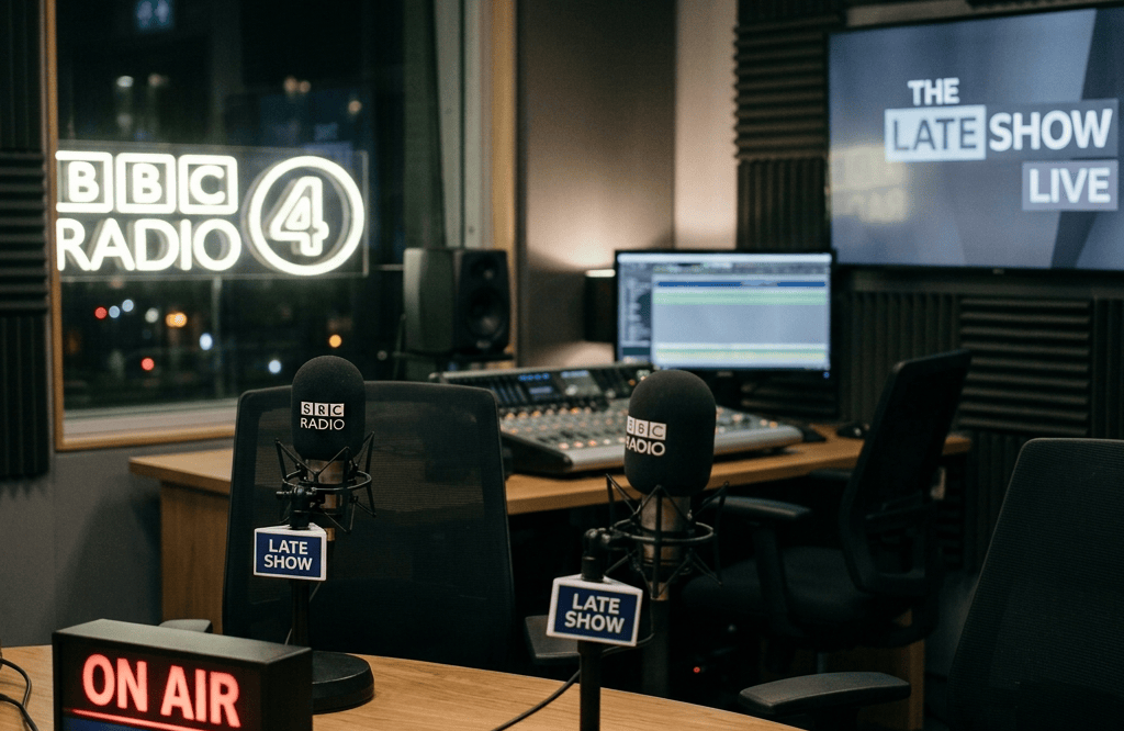 Two presenters at BBC Radio microphones; signs read “BBC RADIO,” “THE LATE SHOW LIVE,” and “ON AIR LATE SHOW.”